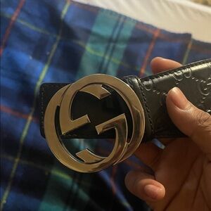 Gucci Black Embossed Belt with Silver GG Buckle